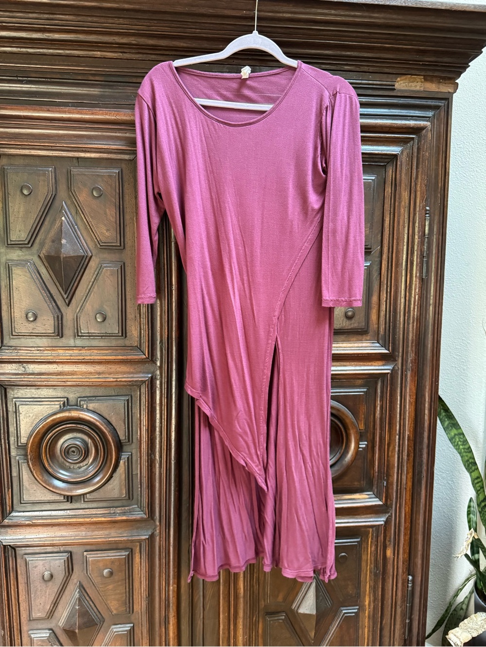 Asymmetrical Dusty Rose Midi Dress with Three-Quarter Sleeves